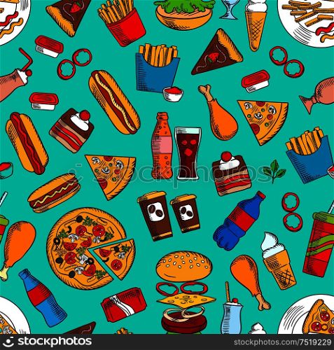 Fast food sandwiches, drinks and desserts seamless pattern with hamburger, cheeseburger, pizza, hot dog, takeaway soda and coffee beverages, french fries, chicken leg, chocolate cake, ice cream. Fast food snacks, drinks, dessert seamless pattern