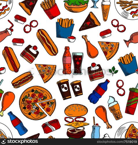 Fast food seamless background. Wallpaper with vector pattern of snacks and drinks icons hamburger, cheeseburger, coke, fries, hot dog, pizza, ice cream, coffee, chicken leg, ketchup, mustard, cake for kitchen or restaurant decoration. Fast food snacks and beverages seamless background