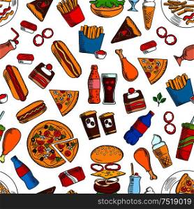 Fast food seamless background. Wallpaper with vector pattern of snacks and drinks icons hamburger, cheeseburger, coke, fries, hot dog, pizza, ice cream, coffee, chicken leg, ketchup, mustard, cake for kitchen or restaurant decoration. Fast food snacks and beverages seamless background