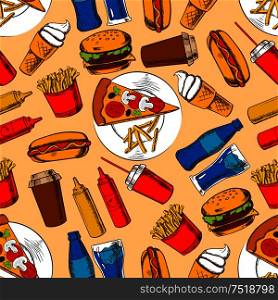 Fast food seamless pattern background. Fastfood snacks and beverages wallpaper. Sketch color pencil drawings of hamburger, french fries, hot dog, cheeseburger, pizza, ice cream, coffee, mustard and ketchup bottles. Fast food pattern with snacks and beverages