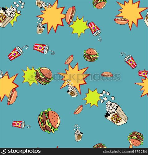 Fast food seamless pattern background. pop art retro vector illustration. Fast food seamless pattern background