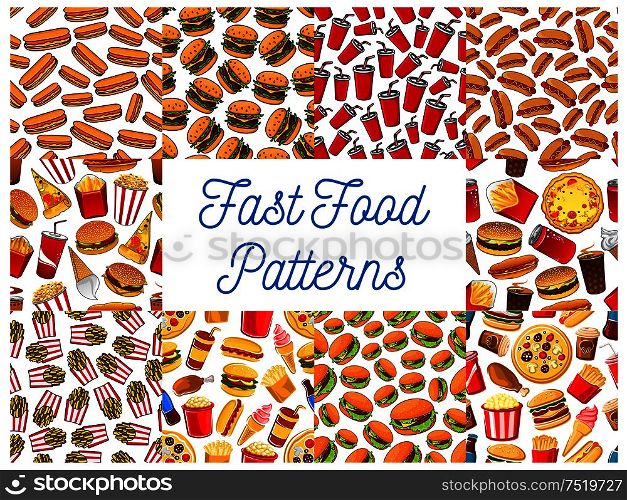 Fast food seamless pattern backgrounds. Wallpaper with vector icons snacks. sweets, drinks. Junk food elements cheeseburger, hot dog, pizza, french fries, hamburger, coffee, soda, cake ice cream. Fast food seamless pattern backgrounds