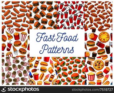 Fast food seamless pattern backgrounds. Wallpaper with vector icons snacks. sweets, drinks. Junk food elements cheeseburger, hot dog, pizza, french fries, hamburger, coffee, soda, cake ice cream. Fast food seamless pattern backgrounds
