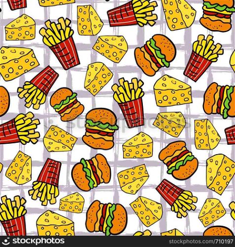 Fast food seamless pattern. Fries potato, cheese and burgers background. For menu or packaging design.. Fast food seamless pattern. Fries potato, cheese and burgers background. For menu or packaging design