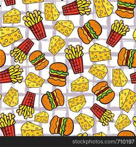Fast food seamless pattern. Fries potato, cheese and burgers background. For menu or packaging design.. Fast food seamless pattern. Fries potato, cheese and burgers background. For menu or packaging design