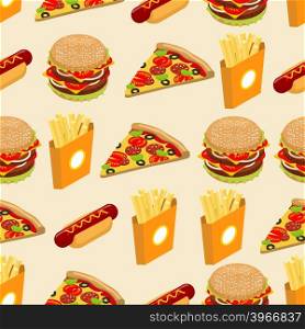 Fast food seamless pattern. Hot dog background. Juicy big hamburger. Hot french fries in paper box. Italian pizza with cheese and sausage and tomatoes. Delicious food texture&#xA;