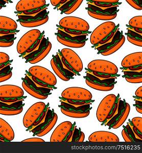 Fast food seamless pattern of appetizing cheeseburgers with grilled beef, cheddar cheese, fresh tomatoes and lettuce on sesame bun. For takeaway or fast food cafe design. Fast food cheeseburgers seamless pattern