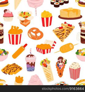 Fast food seamless pattern, pizza, burgers and drinks, hamburgers and sandwiches, vector background. Fast food hot dog, pancakes with coffee and sushi or sweet desserts, fries and popcorn pattern. Fast food seamless pattern, pizza, burgers, drinks