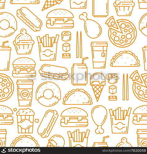 Fast food seamless pattern, thin line art background. Vector hot dogs, burgers or sandwiches and desserts, Mexican burrito, cheeseburger or hamburger and and fries pattern. Fast food snacks, desserts seamless line pattern