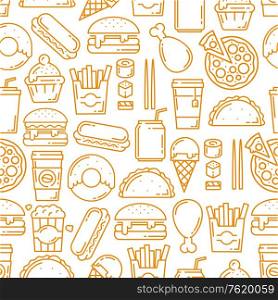 Fast food seamless pattern, thin line art background. Vector hot dogs, burgers or sandwiches and desserts, Mexican burrito, cheeseburger or hamburger and and fries pattern. Fast food snacks, desserts seamless line pattern