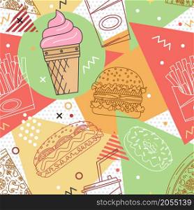 Fast food seamless pattern. Trendy geometric elements memphis cards. Texture, pattern and geometric elements. Elements on the theme of the restaurant business. Vector illustration.. Fast food seamless pattern.