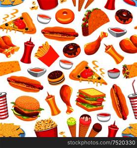 Fast food seamless pattern. Vector pattern of snacks and drinks cheeseburger, chicken leg and fries, hot dog and tacos, sandwich, coffee and donut, ketchup and mustard, soda, drink, ice cream, popcorn, cake, chips. Fast food snacks and drinks seamless pattern