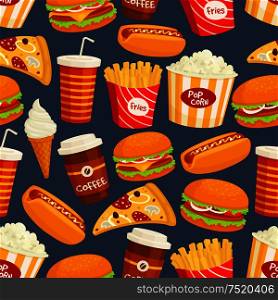 Fast food seamless pattern. Vector pattern of snacks and drinks hot dog, cheeseburger, popcorn, french fries, pizza slice, sandwich, coffee, soda, drink, ice cream. Fast food snacks and drinks seamless pattern