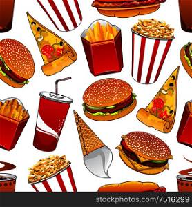 Fast food seamless pattern with hamburgers, thin slices of pizza, cheeseburgers, crispy popcorn in striped buckets, paper cups of sweet soda and coffee, hot dogs, french fries and ice cream cones. Fast food and drinks seamless pattern