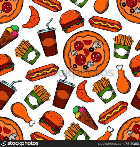 Fast food seamless sketch background. Wallpaper with vector pattern of snacks, drinks and desserts hamburger, pizza, hot dog, ice cream, chicken leg, burger, croissant, fries. Kitchen or restaurant decoration. Fast food snacks, drinks seamless background