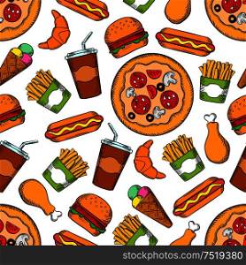 Fast food seamless sketch background. Wallpaper with vector pattern of snacks, drinks and desserts hamburger, pizza, hot dog, ice cream, chicken leg, burger, croissant, fries. Kitchen or restaurant decoration. Fast food snacks, drinks seamless background