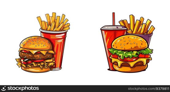 Fast food set. Hamburger, fries, and drink. Cartoon vector illustration.