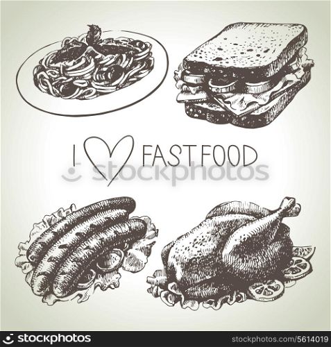 Fast food set. Hand drawn illustrations &#xA;
