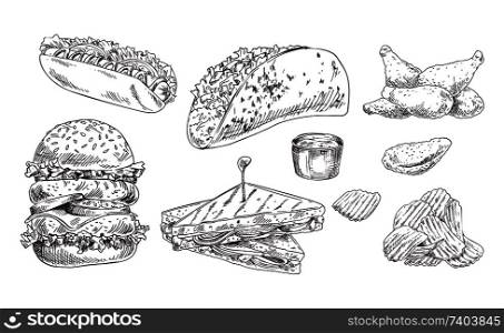 Fast food set hand drawn vector monochrome illustration. Hot dog and tacos, chips and chicken wings, double burger and sandwich sketch style template. Fast food set hand drawn vector monochrome sketch