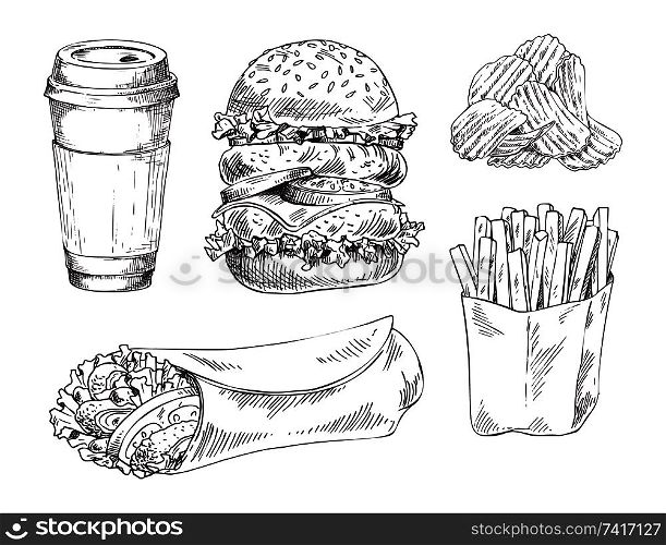 Fast food set hand drawn vector monochrome illustration. Double burger and chips, french fries and doner kebab, coffee paper cup sketch icons for menu. Fast food set hand drawn vector monochrome sketch