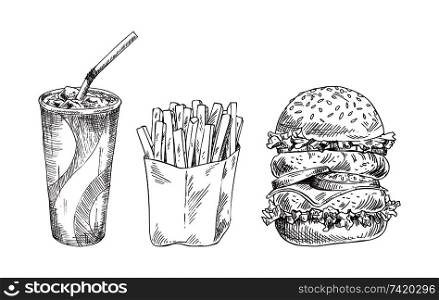 Fast food set hand drawn vector monochrome illustration. Cola with ice and tube in paper cup, serving of french fries and double burger sketches. Fast food set hand drawn vector monochrome sketch