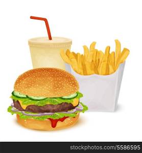 Fast food set of hamburger French fries and drink isolated on white background vector illustration