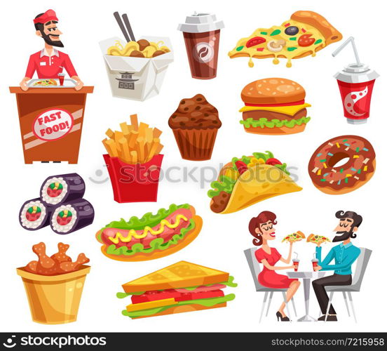 Fast food set with restaurant worker and clients sandwiches noodle potato chicken legs drinks isolated vector illustration. Fast Food Set