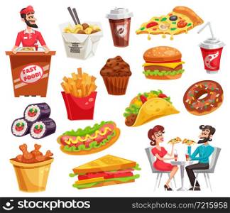 Fast food set with restaurant worker and clients sandwiches noodle potato chicken legs drinks isolated vector illustration. Fast Food Set