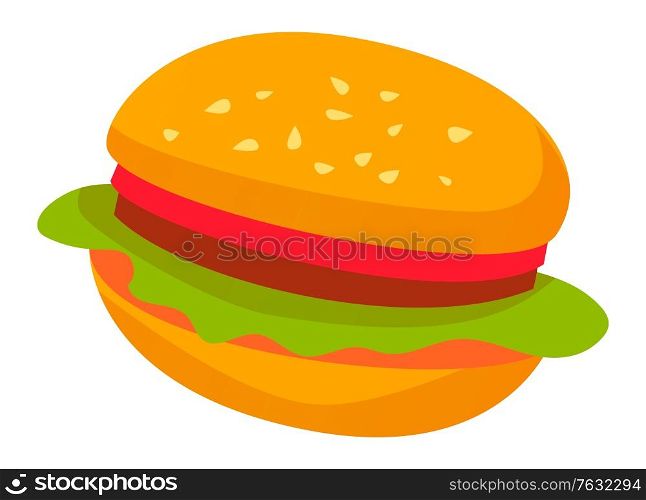 Fast food sign, isolated burger icon. Bun with sesame and lettuce salad leaves and tomato, meat and stuffing. Tasty filling meal snack. Vector illustration in flat cartoon style. Burger with Bun and Lettuce Meat and Greenery