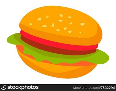Fast food sign, isolated burger icon. Bun with sesame and lettuce salad leaves and tomato, meat and stuffing. Tasty filling meal snack. Vector illustration in flat cartoon style. Burger with Bun and Lettuce Meat and Greenery