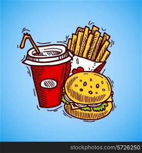 Fast food sketch decorative icon set with drink french fries and hamburger vector illustration