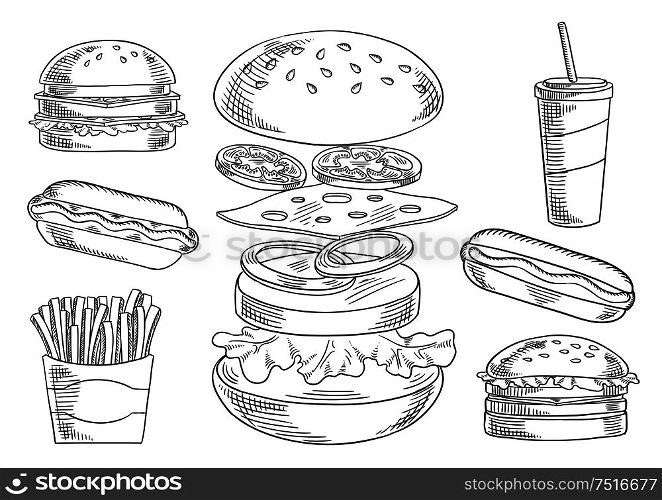 Fast food sketch icons of appetizing cheeseburger with separated layers of fresh tomato and onion, cheese, meat patty and lettuce, surrounded by hot dog and hamburgers, french fries and soda drink. Takeaway food theme. Fast food snacks and drinks sketches