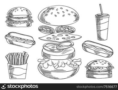 Fast food sketch icons of appetizing cheeseburger with separated layers of fresh tomato and onion, cheese, meat patty and lettuce, surrounded by hot dog and hamburgers, french fries and soda drink. Takeaway food theme. Fast food snacks and drinks sketches