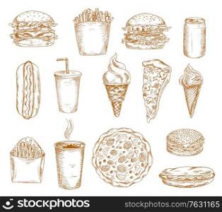 Fast food sketch icons, vector, burger, hamburger and sandwich doodle menu. Hand drawn fastfood pizza, chicken, snack and drink meals, hot dog, cheeseburger and fries, restaurant and cafe food sketch. Fast food sketch icons, burger, hamburger sandwich