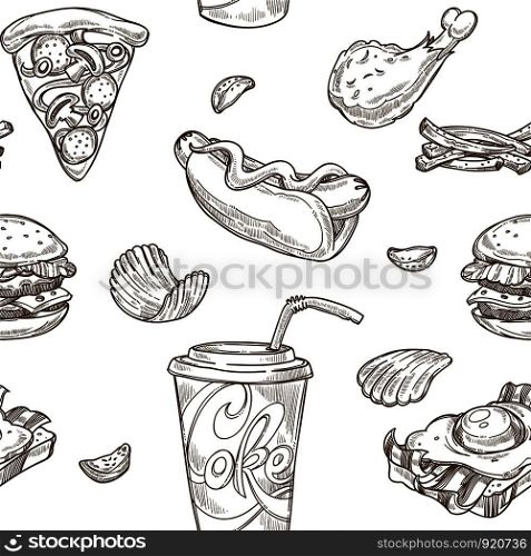 Fast food sketch pattern background. Vector seamless design of cheeseburger, hamburger burger and hot dog sandwich, pizza and ice cream or donut dessert and drinks. Fast food sketch pattern background. Vector seamless design