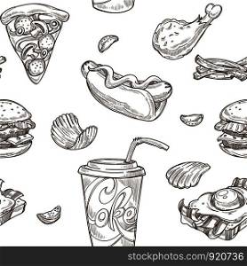 Fast food sketch pattern background. Vector seamless design of cheeseburger, hamburger burger and hot dog sandwich, pizza and ice cream or donut dessert and drinks. Fast food sketch pattern background. Vector seamless design