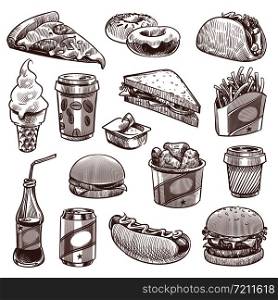 Fast food sketch. Pizza, donuts and ice cream, french fries and hamburger, cola and hot dog, coffee and cheeseburger vector doodle snack unhealthy fasting products set. Fast food sketch. Pizza, donuts and ice cream, french fries and hamburger, cola and hot dog, coffee and cheeseburger vector doodle set