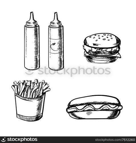 Fast food sketch with french fries in box, cheeseburger, hot dog, ketchup and mustard bottles isolated on white background. French fries, burger, hot dog and condiment
