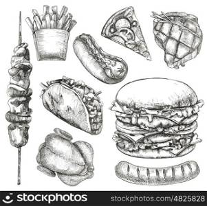 Fast food, sketches, hand drawing, vector set