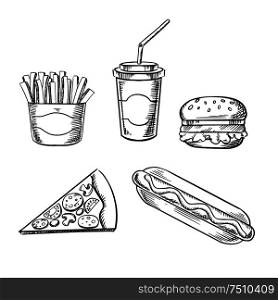 Fast food sketches with hamburger, slice of pizza, french fries, hot dog and paper takeaway cup of soda drink, for takeout menu design