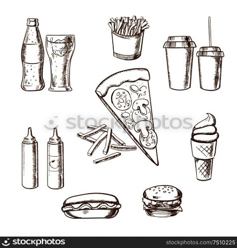 Fast food sketches with pizza and french fries surrounded by a cheeseburger, coffee, soda, potato chips, hot dog, ice cream cone and condiments. Fast food snacks and drinks sketches