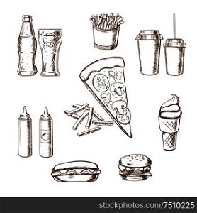 Fast food sketches with pizza and french fries surrounded by a cheeseburger, coffee, soda, potato chips, hot dog, ice cream cone and condiments. Fast food snacks and drinks sketches