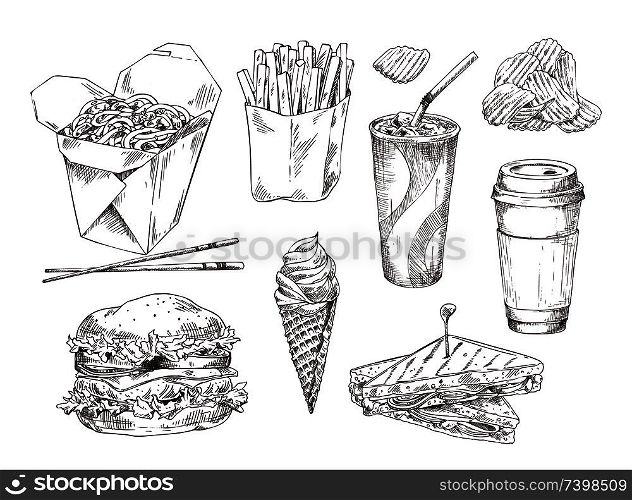 Fast food snack collection isolated on white card, vector illustration of soda with fries and noodle, ice cream chips burger and sandwich, graphic art. Fast Food Snack Collection Isolated on White Card