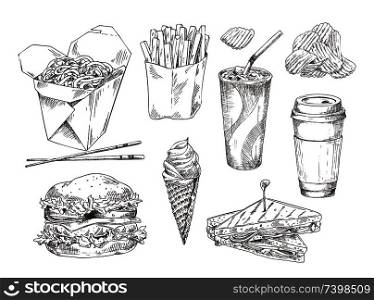 Fast food snack collection isolated on white card, vector illustration of soda with fries and noodle, ice cream chips burger and sandwich, graphic art. Fast Food Snack Collection Isolated on White Card