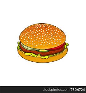 Fast food snack isolated hamburger. Vector takeaway burger, bun with tomato, lettuce and cucumbers, beef chop and sesame. Burger with chop, tomato and cucumbers, sesame bun