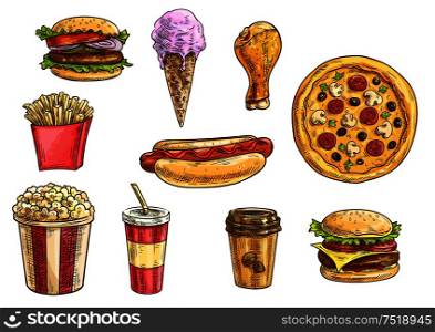 Fast food snacks and desserts sketch icons. Isolated vector elements of cheeseburger, hamburger, hot dog, french fries in box, pizza, chicken leg, ice cream cone, popcorn, soda drink, coffee cup. Fast food snacks and drinks icons sketch set