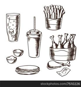Fast food snacks and drinks sketch icons with takeaway french fries, hot dog, fried chicken legs, sauce cups, soda, coffee and bill isolated on background. For menu or signboard design usage. Fast food snacks and drinks sketch icons