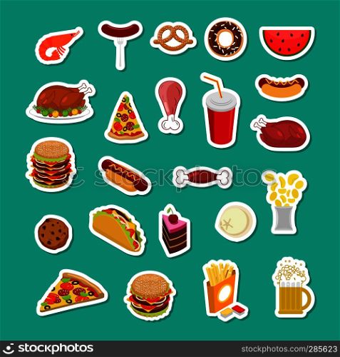 Fast Food sticker set. Signs of feed. Icon Collection of meat. Pizza and tacos. French fries and a hamburger. Hotdog and cookies. Baked turkey and watermelon. Pork and cake. Donuts and dumplings