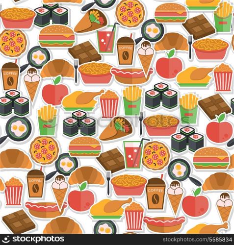 Fast food stickers icons seamless pattern with pizza icecream croissant vector illustration
