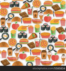 Fast food stickers icons seamless pattern with pizza icecream croissant vector illustration